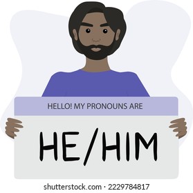 Gender pronouns. Male person holding sign with pronoun. Vector illustration.