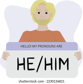 Gender pronouns. Male person holding sign with pronoun. Vector illustration.