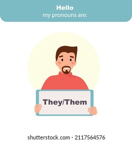 Gender Pronouns - Man Holding Sign With Pronoun They, Them. Flat Vector Illustration