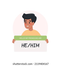 Gender pronouns - man holding sign with pronoun, male character. Vector illustration in flat style