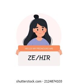 Gender pronouns - non-binary person holding sign with pronoun, character. Vector illustration in flat style