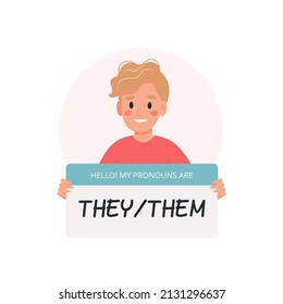 Gender pronouns - non-binary person holding sign with pronoun, character. Vector illustration in flat style