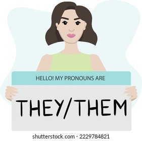 Gender pronouns. Non-binary person holding sign with pronoun. Vector illustration.