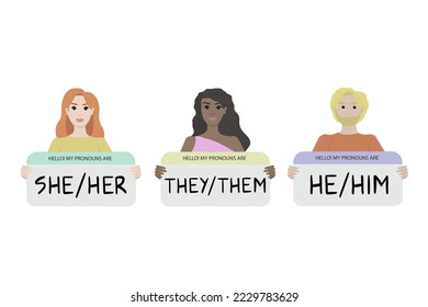 Gender pronouns. People holding sign with pronoun. Vector illustration for cards, posters, flyers, webs.