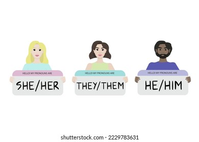 Gender pronouns. People holding sign with pronoun. Vector illustration for cards, posters, flyers, webs.