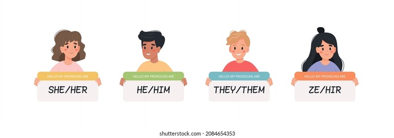 Gender pronouns - people holding signs with different pronouns, male, female and non-binary characters. Vector illustration in flat style