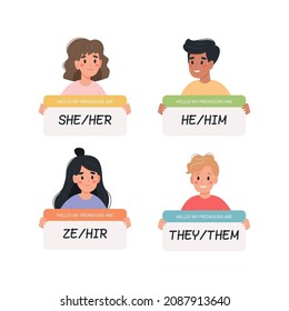 Gender pronouns - people holding signs with different pronouns, male, female and non-binary characters. Vector illustration in flat style