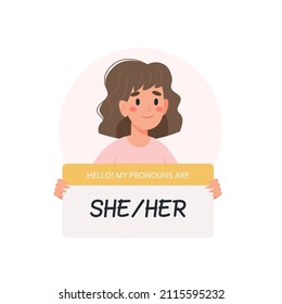 Pronósticos de género - mujer sosteniendo un cartel con pronombre, personaje femenino. Ilustración vectorial en estilo plano