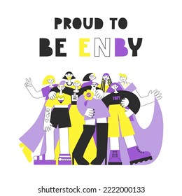 Gender queer and non-binary people concept. LGBT rights and diversity lettering. Flat vector motivational quote and illustration with NB colors and symbols. Pride and enby awareness.