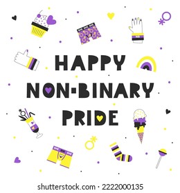 Gender queer and non-binary people concept. LGBT rights and diversity lettering. Flat vector motivational quote and illustration with NB colors and symbols. Pride and enby awareness.