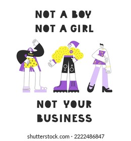 Gender queer and non-binary people concept. LGBT rights and diversity lettering. Flat vector motivational quote and illustration with NB colors and symbols. Pride and enby awareness.