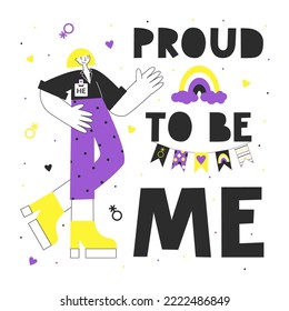 Gender queer and non-binary people concept. LGBT rights and diversity lettering. Flat vector motivational quote and illustration with NB colors and symbols. Pride and enby awareness.