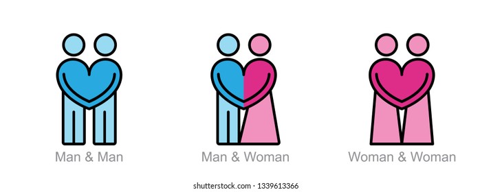 Gender relation symbols between couples: gays, naturals, lesbians. Filled  flat signs of homosexual and heterosexual couples