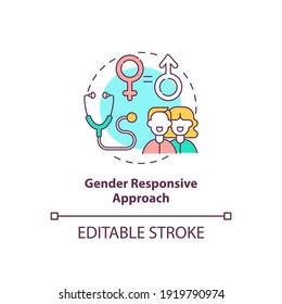 Gender responsive approach concept icon. Health programs principles. Factors at work in health system idea thin line illustration. Vector isolated outline RGB color drawing. Editable stroke