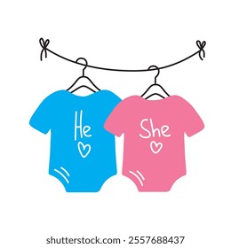 Gender reveal baby onesies: cute blue and pink outfits hanging on clothesline.