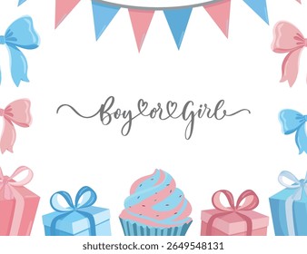 Gender reveal background with baby elements in pink and blue colors including presents, bows, muffins and festive decorations