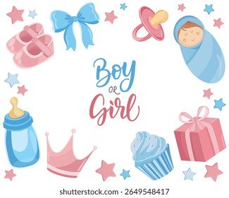 Gender reveal background in blue and pink with cute baby elements like toys, clothes, and decorations for boy or girl announcement