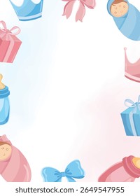 Gender reveal background with cute baby boy and girl elements in pink and blue colors for party decoration or announcement card