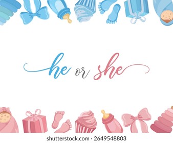 Gender reveal background with cute baby elements in pink and blue colors for boy or girl celebration