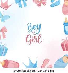 Gender reveal background with pink and blue elements for boy or girl celebration, perfect for party cards or baby announcements