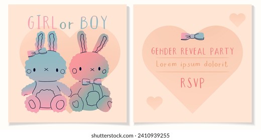 Gender Reveal banners girl or boy.iIvitation cards for baby and kids new born celebration,rsvp.Little rabbit bunny toys gradient color blue and pink. Vector illustration EPS 10