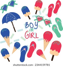 Gender reveal, boy or girl on summer theme with blue and pink elements