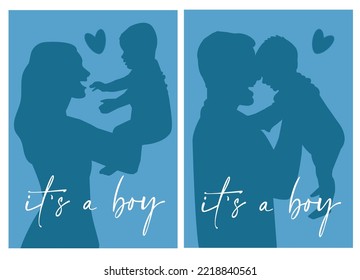 Gender reveal it's a boy postcard. simple vector illustration silhouette of mom and dad holding the baby.