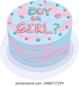 Gender reveal cake in flat vector style. Hand drawn vector illustration of blue and pink Cake design for revealing the child's gender.