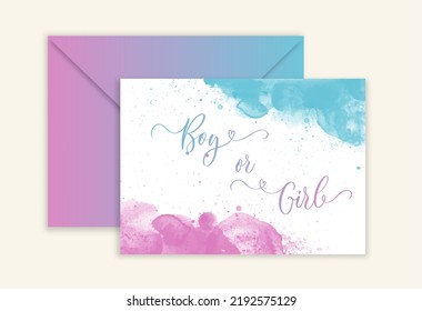 Gender Reveal calligraphy banner Boy or Girl. Calligraphy lettering with watercolor spot. Vector template for Baby shower party decoration, invitation, announcement , poster, etc