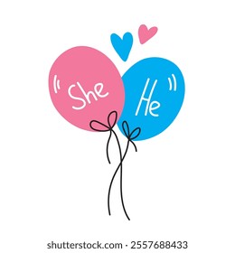 Gender reveal celebration with pink and blue balloons and hearts.