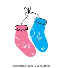 Gender reveal concept with pink and blue baby socks hanging together.