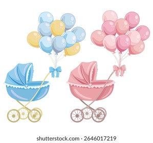 Gender reveal design with blue and pink baby stroller and cute baby elements Celebration card for It's a boy or It's a girl theme