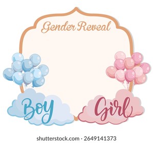 Gender reveal frame with pink and blue balloons, clouds, and baby elements in flat style for boy or girl celebration