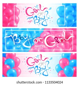 Gender reveal, girl or boy patry invitation, three vector banners