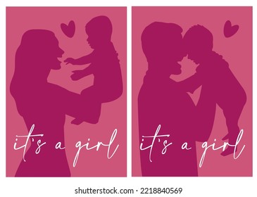 Gender reveal it's a girl postcard. simple vector illustration silhouette of mom and dad holding the baby.