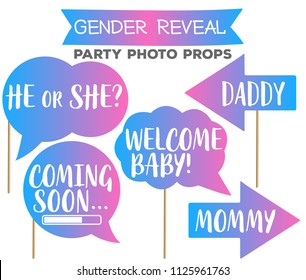 Gender reveal gradient party photo booth props on sticks. Boy or girl, coming soon, mommy, daddy, welcome signs. 