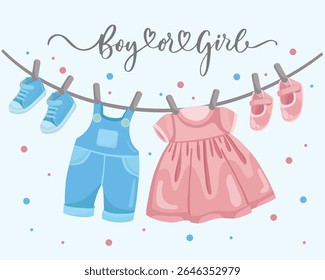 Gender reveal greeting card with baby clothes hanging on line in blue and pink colors Perfect for boy or girl announcement or party invitation