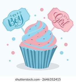 Gender reveal greeting card with blue and pink muffin decorations Perfect for announcing It's a girl or It's a boy baby celebration