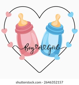 Gender reveal greeting card with cute baby milk bottle in blue and pink colors Perfect for boy or girl celebration invitation