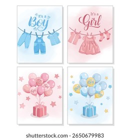 Gender reveal greeting card with cute pink and blue baby elements It's a boy It's a girl celebration for newborn announcement