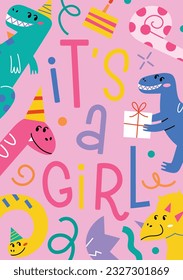 Gender reveal greeting card with dinosaurs, hand drawn composition with tyrannosaurus, announcement a baby girl, baby shower postcard, vector arrangement on pink background