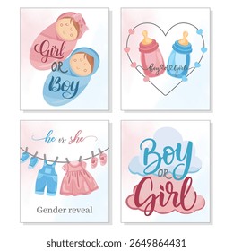 Gender reveal greeting card with pink and blue baby elements for boy or girl celebration