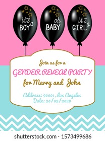 Gender reveal Invitation with Balloons and with place for address and date. Gender reveal Party. Baby Shower.
Invitation template. Vector illustration.
