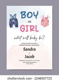 Gender Reveal invitation card baby boy or baby girl watercolor template background