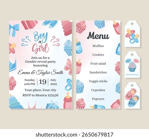 Gender reveal invitation card, menu and gift cards set with pink and blue baby elements Cute decorations for boy or girl party