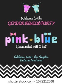 Gender reveal invitation with place for address and date. Gender reveal party. Baby shower. Invitation template on black background. Vector illustration.