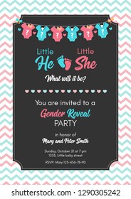 Gender reveal invitation template. Baby shower party. Boy or girl? Blue or pink? Graphic design for postcard, banner, invite card, poster. Vector illustration. 