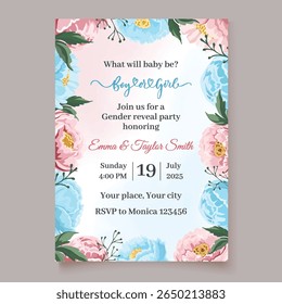 Gender reveal invitation template with blue and pink flowers design, perfect for announcing a baby girl or boy in a sweet and elegant way