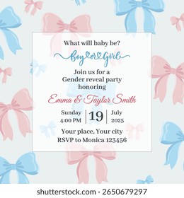 Gender reveal invitation template with cute pink and blue bows Boy or girl party card design for baby announcement