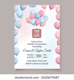 Gender reveal invitation template with pink and blue party balloons Cute celebration card for baby shower Boy or girl
